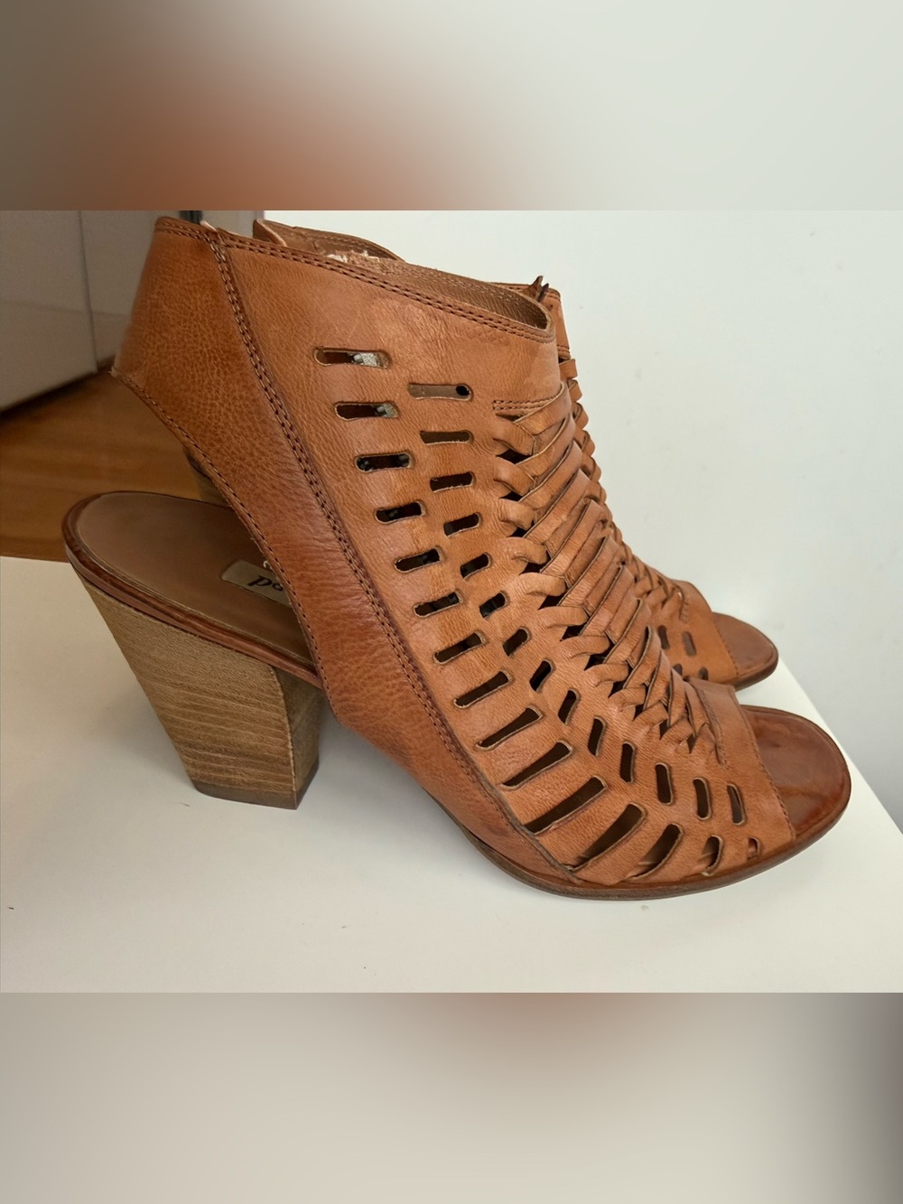 Paul Green Cognac Leather Cutout Heeled Booties